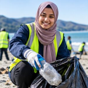 Youth volunteering at a beach cleanup